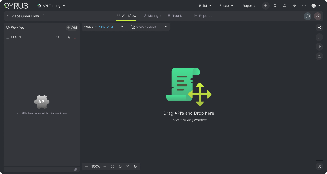 Qyrus API Flow empty state with an API list, functional mode, environment selector, and drag-and-drop workflow canvas